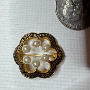 Vintage Damascene Gold & Faux Pearl Brooch
